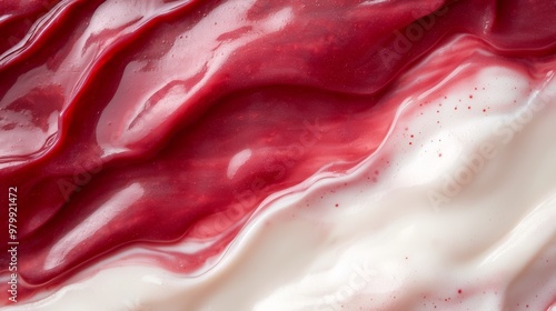  A tight shot of a red and white two-tone liquid A white particle suspended in the red half, while the white portion harbors another white clump photo