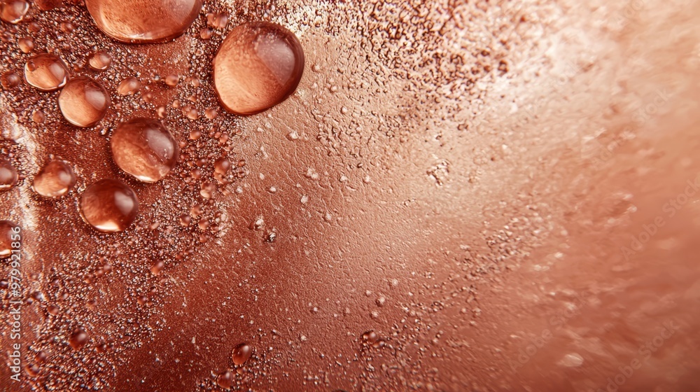 Fototapeta premium A tight shot of water droplets on a brown surface, subtly tinted light brown to its left