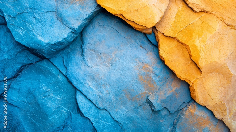 Fototapeta premium A tight shot of a multi-hued rock formation Top and bottom layers display blue and yellow tones