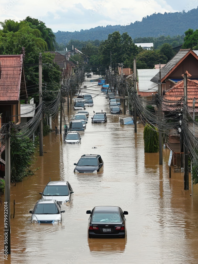 Streets of Chiang Rai submerged in heavy flooding, cars stranded as waters rise, illustrating grave flood risk Streets of Chiang Rai submerged in heavy flooding, cars stranded as waters rise, illustrating grave flood risk