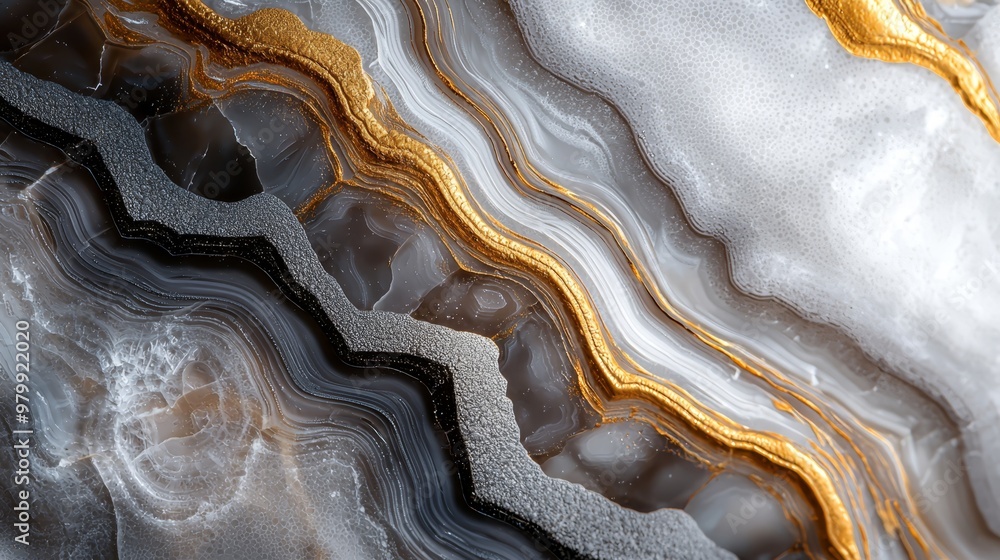 A tight shot of a marble surface, adorned with gold and silver edge accents A tight shot of a marble surface, adorned with gold and silver edge accents