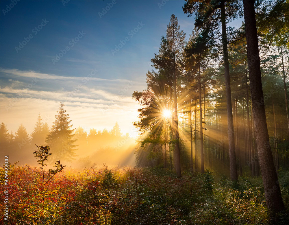 Sun through the trees on a foggy autumn morning Sun through the trees on a foggy autumn morning