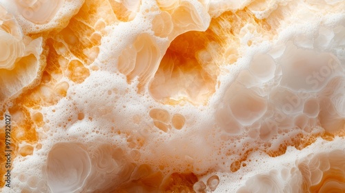  A close-up view of a yellow and white substance with bubbles of water at its base Below, an orange and white substance is present at the image's bottom