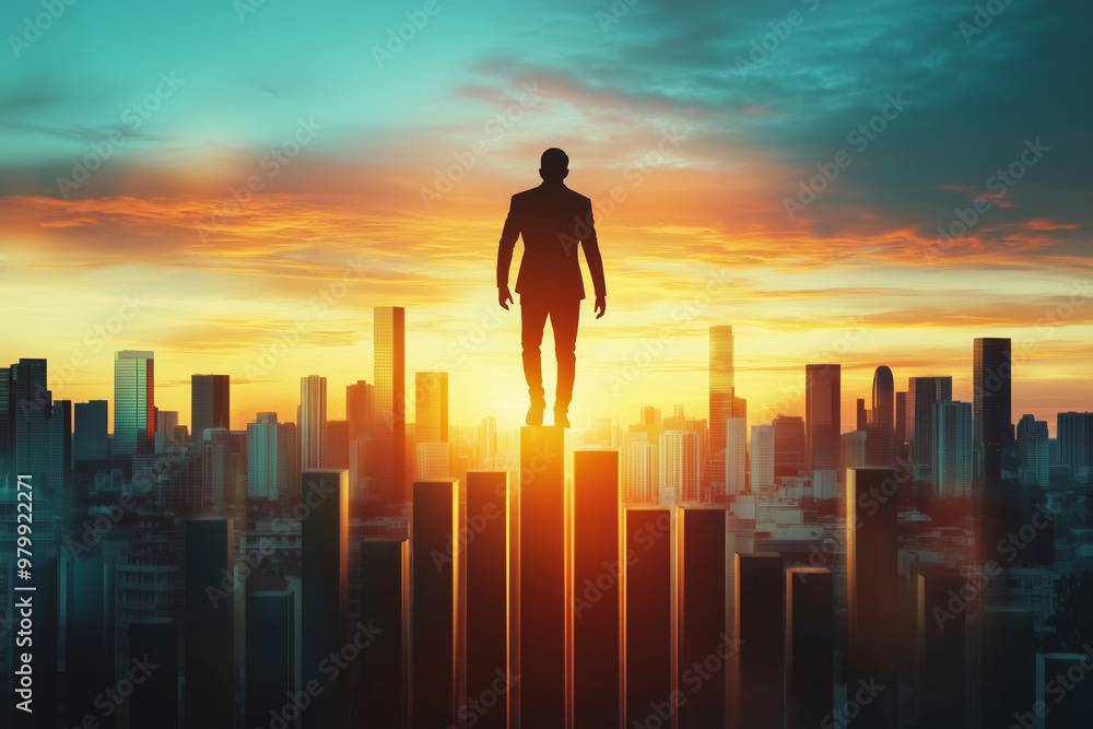 A determined businessman stands triumphantly atop urban skyscrapers at sunset, symbolizing success and ambition against a colorful skyline A determined businessman stands triumphantly atop urban skyscrapers at sunset, symbolizing success and ambition against a colorful skyline