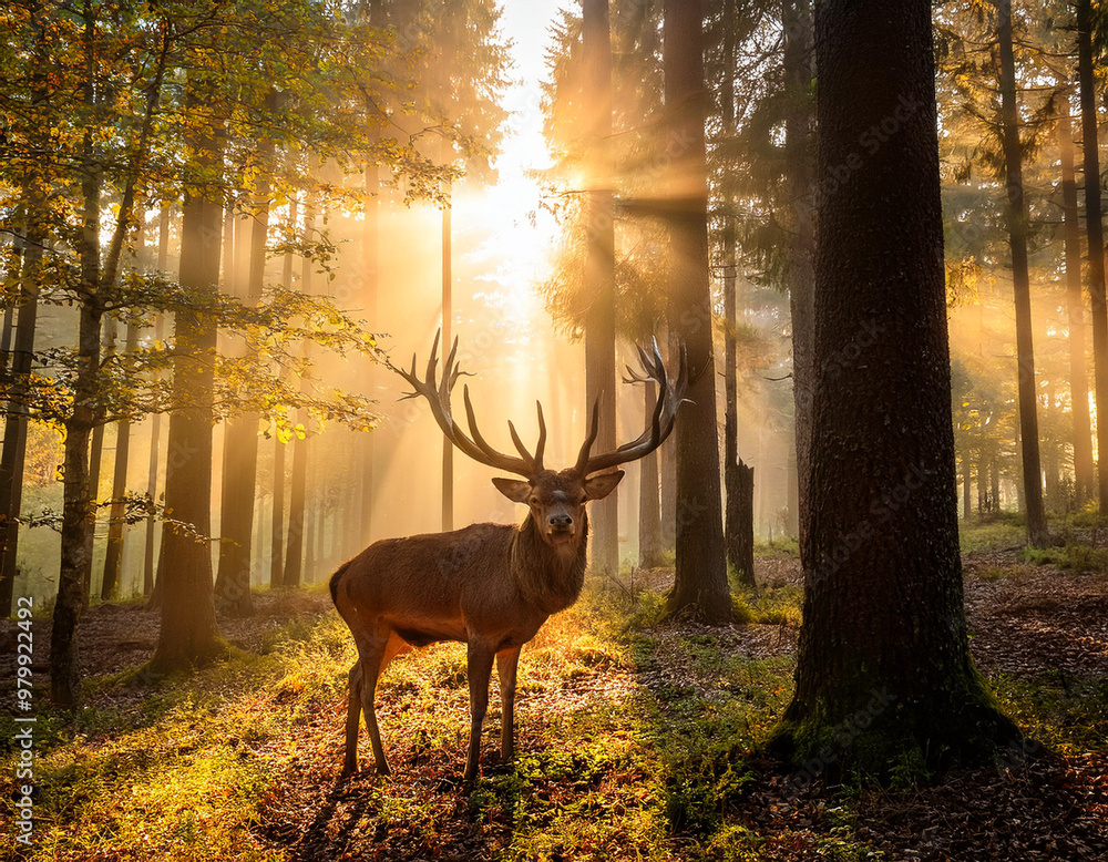 Fototapeta premium A male deer in the misty forest in the morning