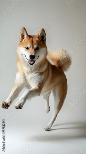 A Kishu Ken dog in a playful stance, with its tail wagging, captured in a serene light solid color environment photo