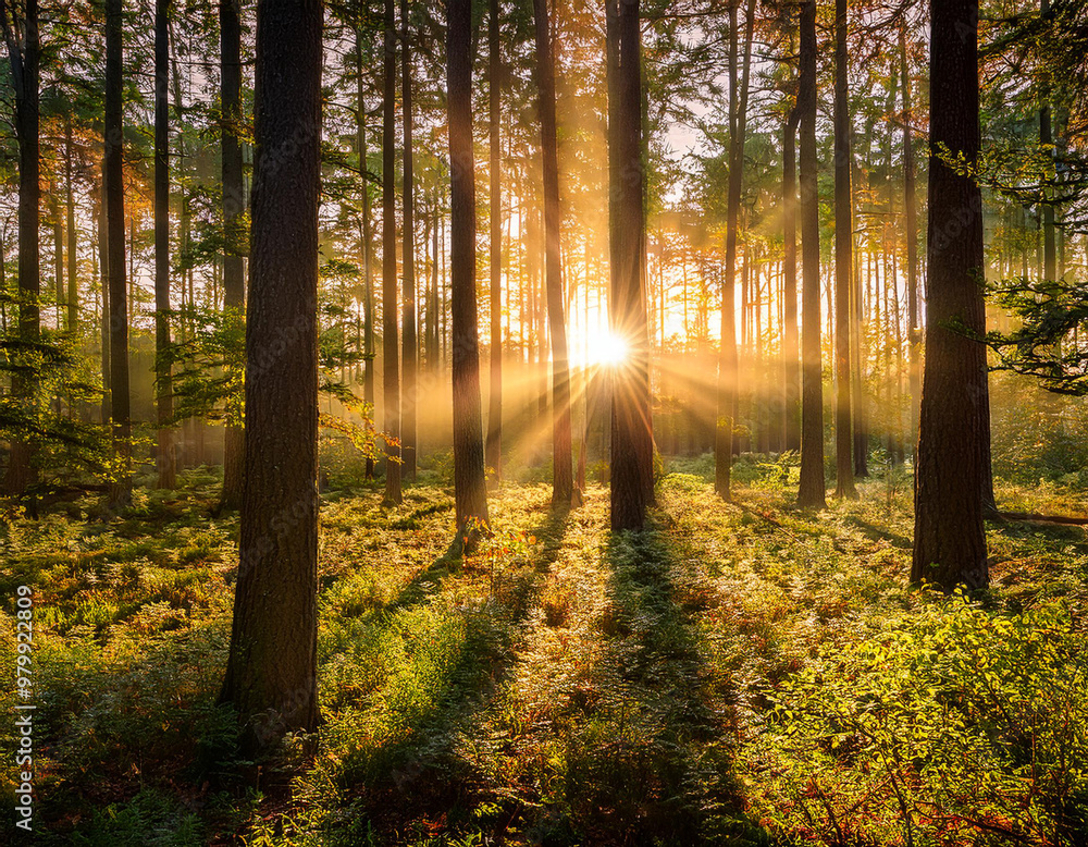 Fototapeta premium Sun rays among the trees in the forest on a foggy morning