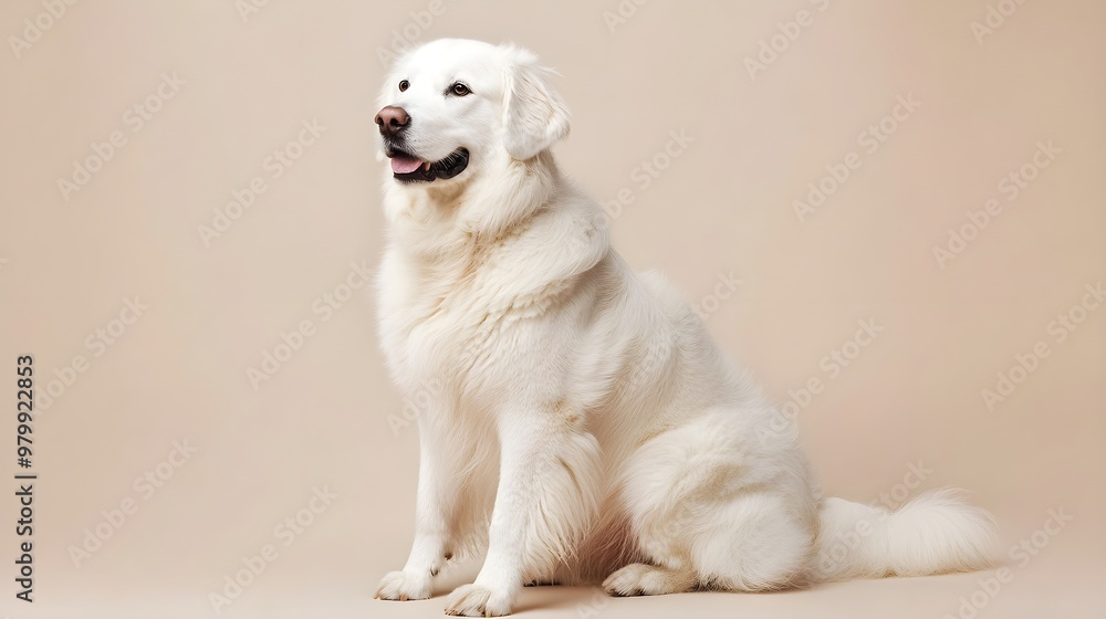 A majestic Kuvasz dog sitting gracefully against a light solid color background, showcasing its fluffy white coat and alert expression A majestic Kuvasz dog sitting gracefully against a light solid color background, showcasing its fluffy white coat and alert expression