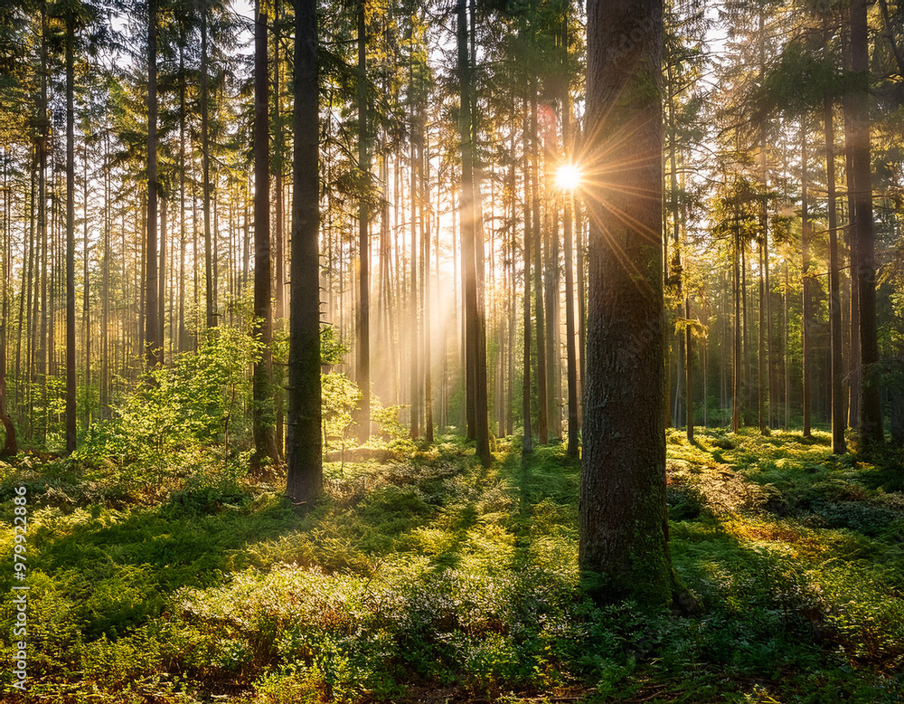 the sun shines through the trees in the sunrise foggy forest sunshine