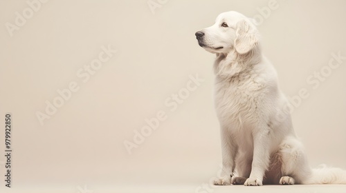 A majestic Kuvasz dog sitting gracefully against a light solid color background, showcasing its fluffy white coat and alert expression photo