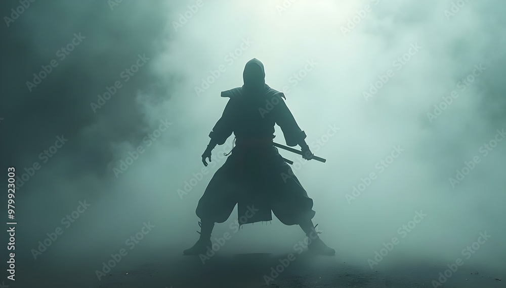 Fototapeta premium Ninja fighter in dense smoke and fog, poised in a defensive stance with subtle highlights on their outfit.