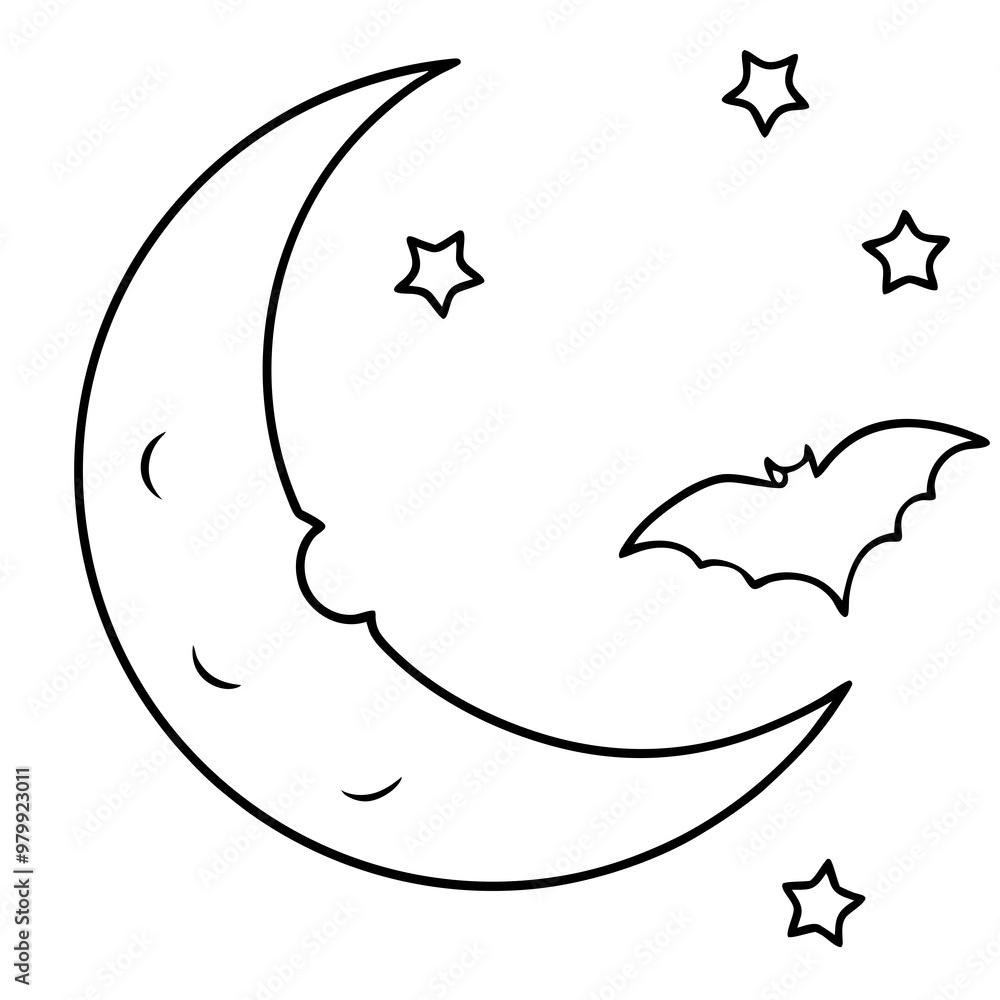 Vector Art of Crescent Moon with Flying Bats Vector Art of Crescent Moon with Flying Bats