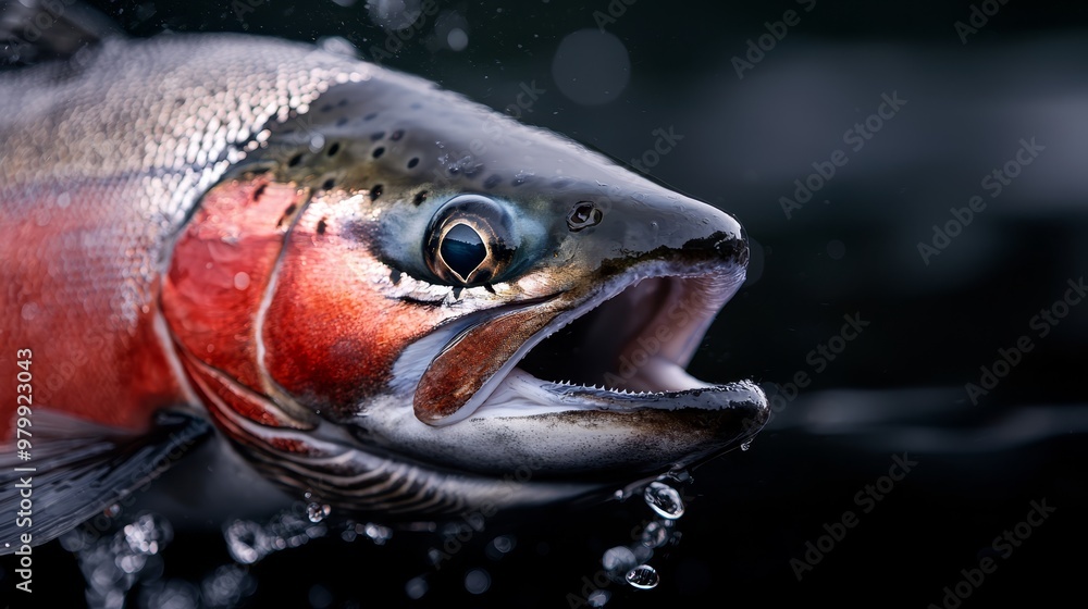 A tight shot of a fish with its mouth agape, revealing water droplets escaping A tight shot of a fish with its mouth agape, revealing water droplets escaping
