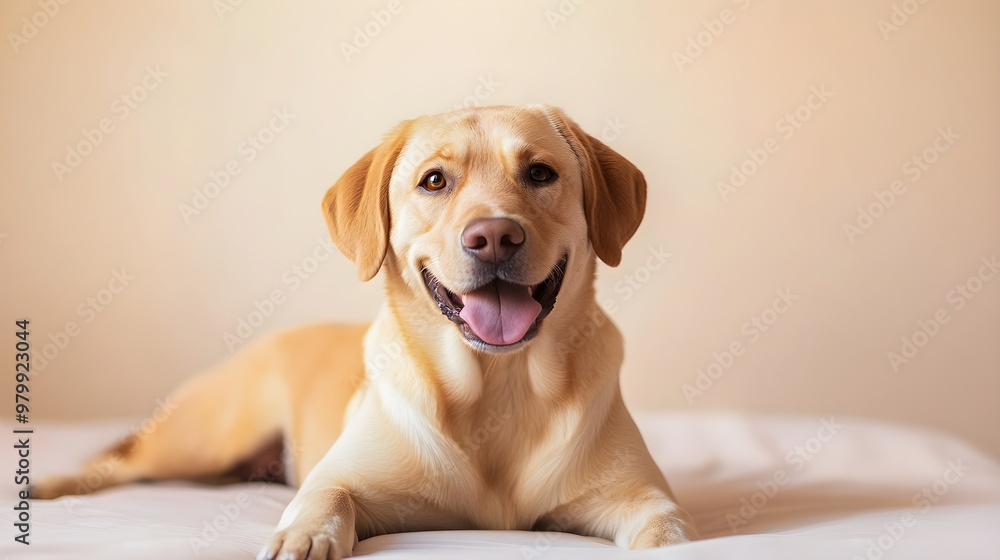 A Labrador Retriever with a joyful expression, lying comfortably on a soft, light solid color backdrop, emphasizing its friendly nature A Labrador Retriever with a joyful expression, lying comfortably on a soft, light solid color backdrop, emphasizing its friendly nature