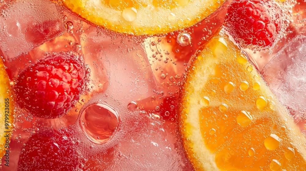 Raspberries, lemons, and oranges are placed in a glass filled with ice and water, creating refreshing water droplets Raspberries, lemons, and oranges are placed in a glass filled with ice and water, creating refreshing water droplets