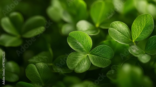  A group of four-leafed plants with green leaves in sharp focus in the foreground, and a softly blurred depiction of similar leaves in the background photo