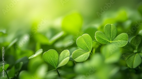  A quartet of four-leafed plants with verdant foliage in sharp focus, surrounded by a hazy background of lush green leaves photo