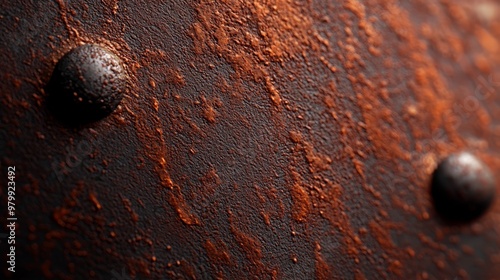  A tight shot of a weathered metal surface, displaying four black knobs in total - two on each side photo