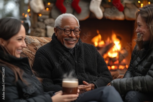 A joyful moment between two friends enjoying hot chocolate by a warm fireplace during the holiday season. 