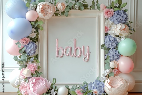 Baby-themed decorative floral frame with pastel balloons and flowers photo