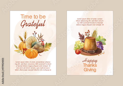 Thanksgiving day poster with autumn illustrations Turkey pumpkins Hat grapes wheat