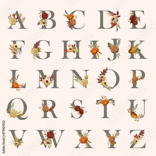 Autumn flowers alphabet Elegant letters Fall golden flowers and leaves