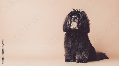 A Lowchen dog with a fluffy coat sitting elegantly against a light beige background, showcasing its distinct lion-like appearance photo