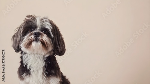 A Lowchen dog with a fluffy coat sitting elegantly against a light beige background, showcasing its distinct lion-like appearance photo