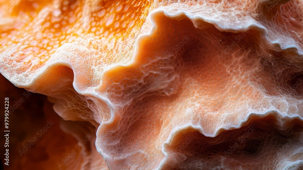 A detailed view of an artwork featuring orange and white swirls atop and bottom A detailed view of an artwork featuring orange and white swirls atop and bottom