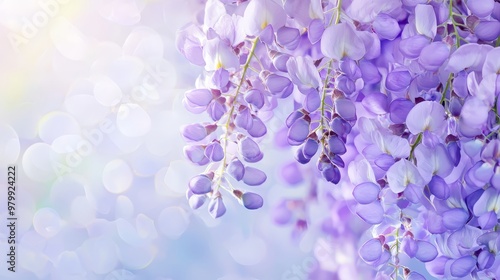  A tight shot of a tree branch teeming with purple blooms against a softly blurred backdrop of out-of-focus light