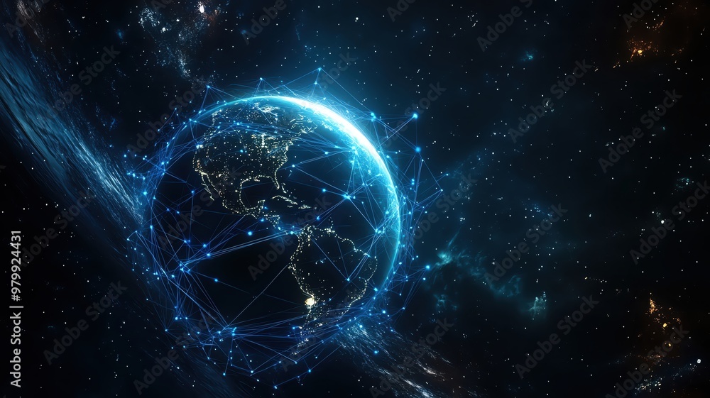 Blue network lines connect cities on a night view of Earth from space. Blue network lines connect cities on a night view of Earth from space.