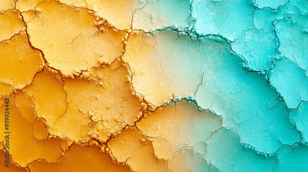 A tight shot of a multicolored wall, displaying blues, yellows, and greens Chunks of paint are peeling from its edges A tight shot of a multicolored wall, displaying blues, yellows, and greens Chunks of paint are peeling from its edges
