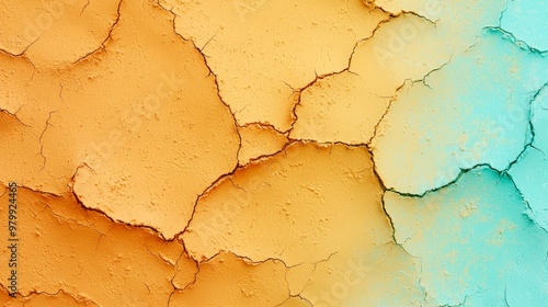  A tight shot of a wall section displaying chipped paint - blue and yellow hues dominantly peeling at its upper edge