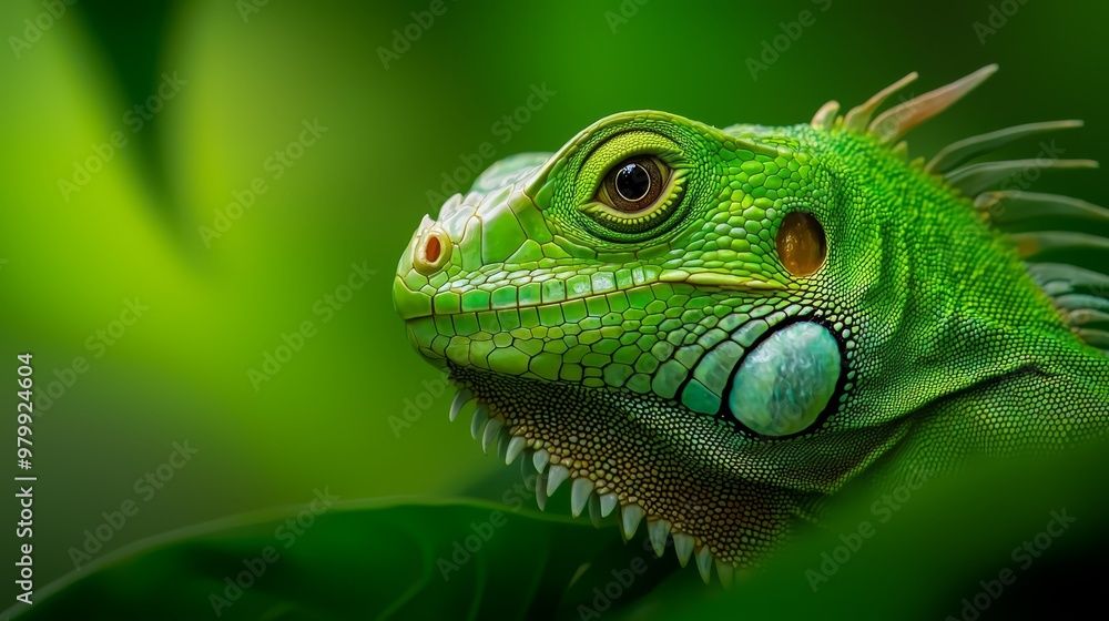 Obraz premium A tight shot of a green lizard's head perched on a verdant leafy branch against a softly blurred background