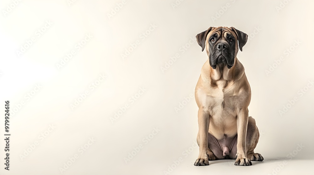 Obraz premium A majestic mastiff dog sitting proudly on a light solid color background, showcasing its muscular build and gentle expression