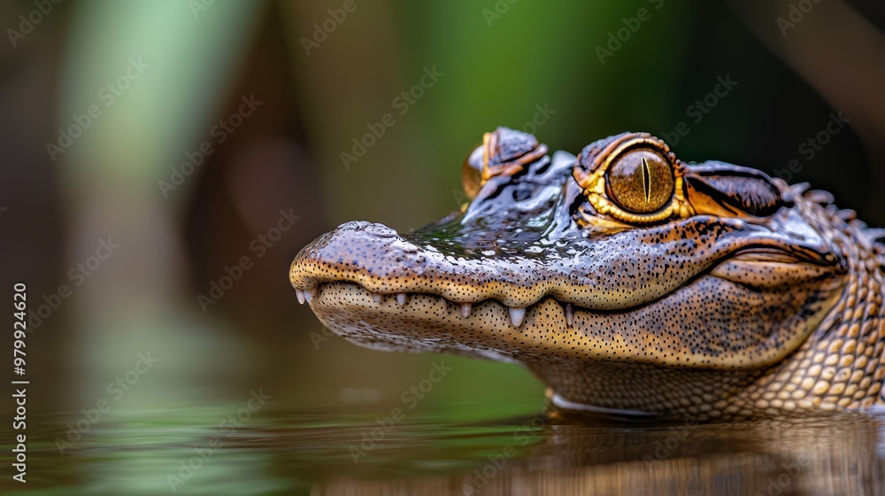Fototapeta premium A tight shot of a massive alligator's head submerged in water, surrounded by emergent green vegetation
