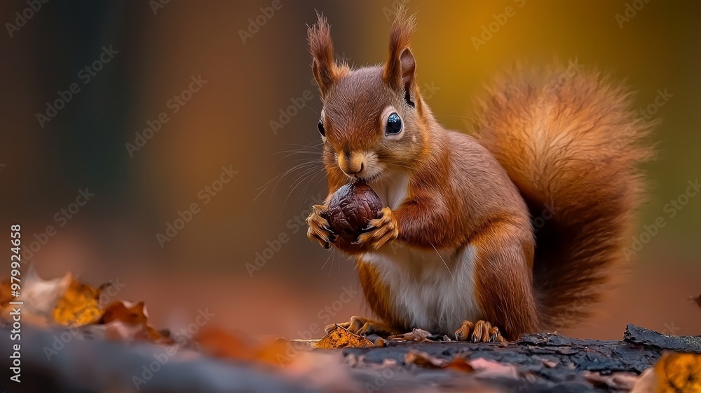Obraz premium A tight shot of a squirrel consuming an acorn against a backdrop of leaf-covered ground, with out-of-focus foliage in the background