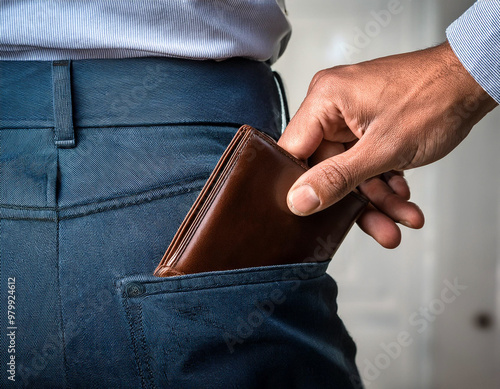 Close-up of a hand stealing a wallet from a person's pocket