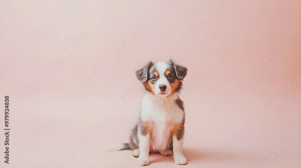 A playful Miniature American Shepherd sitting on a light solid color background, showcasing its fluffy coat and bright eyes A playful Miniature American Shepherd sitting on a light solid color background, showcasing its fluffy coat and bright eyes