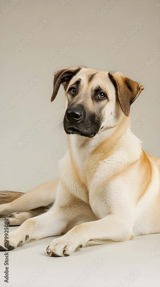 An Anatolian Shepherd Dog lying down calmly on a light solid color background, with its ears perked and tail relaxed An Anatolian Shepherd Dog lying down calmly on a light solid color background, with its ears perked and tail relaxed