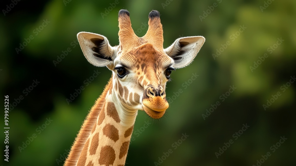 Obraz premium A tight shot of a giraffe's face against a backdrop of blurred trees