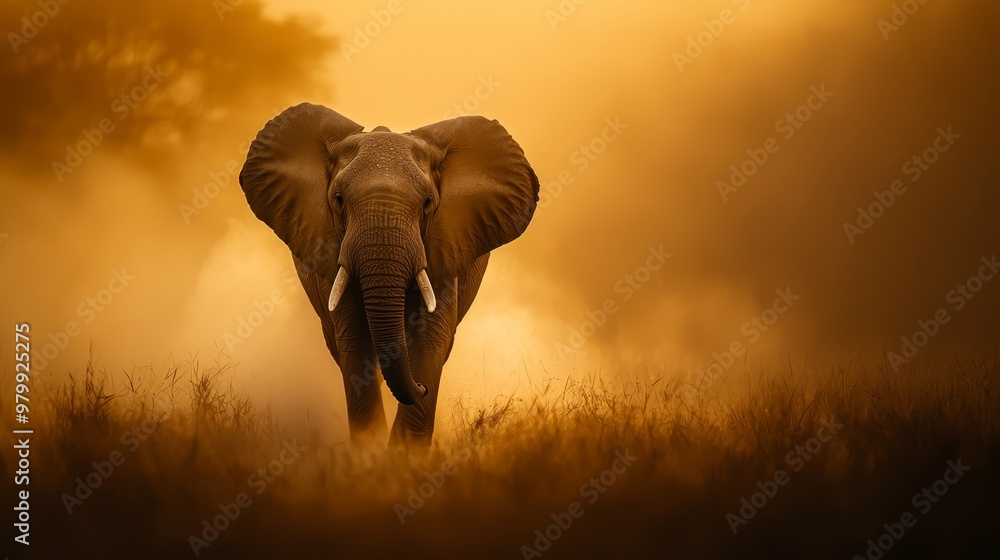 Obraz premium An elephant stands in a field of tall grass Sunlight filters through the background trees Fog pervades the air
