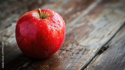 Red apple placed on a wooden surface