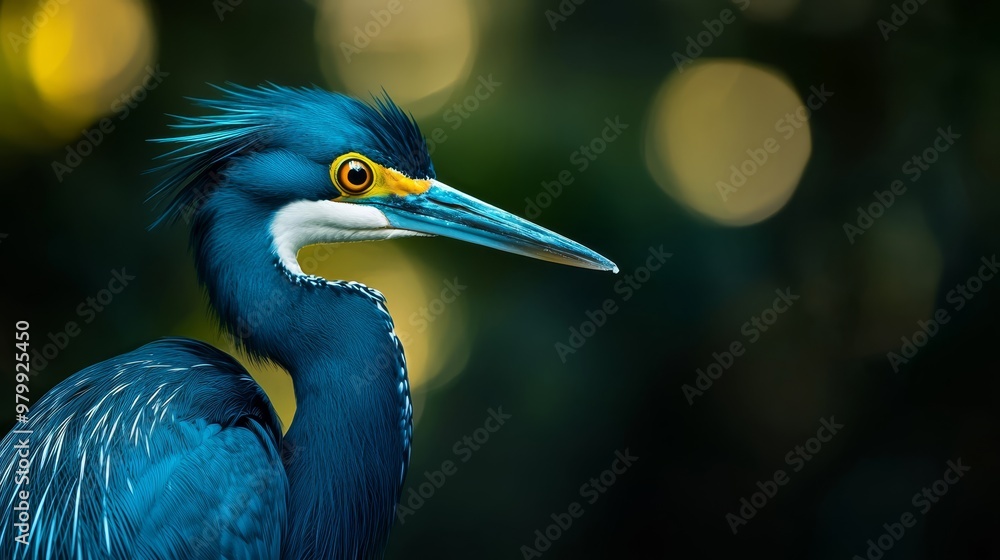 A tight shot of a blue bird with a lengthy beak and elongated neck against a softly blurred backdrop A tight shot of a blue bird with a lengthy beak and elongated neck against a softly blurred backdrop