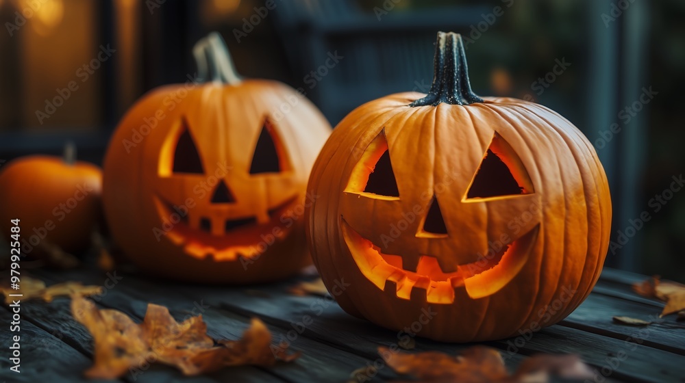 Glowing jack-o'-lantern pumpkins on wooden porch during Halloween night Glowing jack-o'-lantern pumpkins on wooden porch during Halloween night