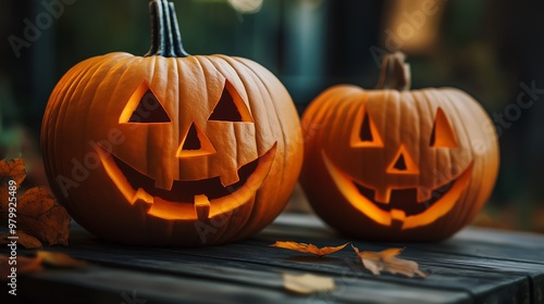 Glowing jack-o'-lantern pumpkins on wooden porch during Halloween night photo