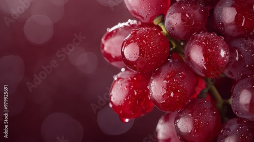  A tight shot of clusters of grapes, adorned with dewdrops at their bases and summits