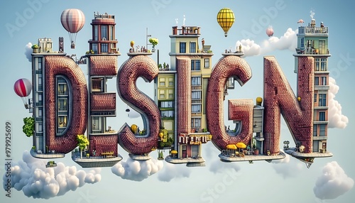 Creative cityscape design made of buildings spelling 