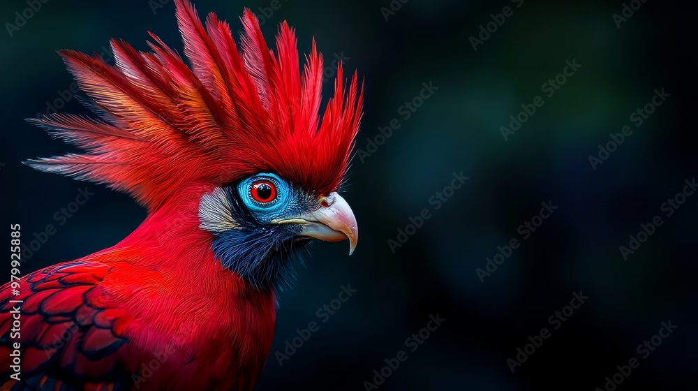 A tight shot of a bird with a vibrant red and blue beaked head against a dark black background, surrounded by trees A tight shot of a bird with a vibrant red and blue beaked head against a dark black background, surrounded by trees