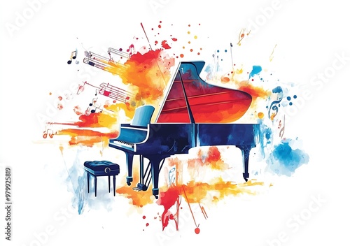 Silhouette of pianist playing grand piano with colorful music notes photo